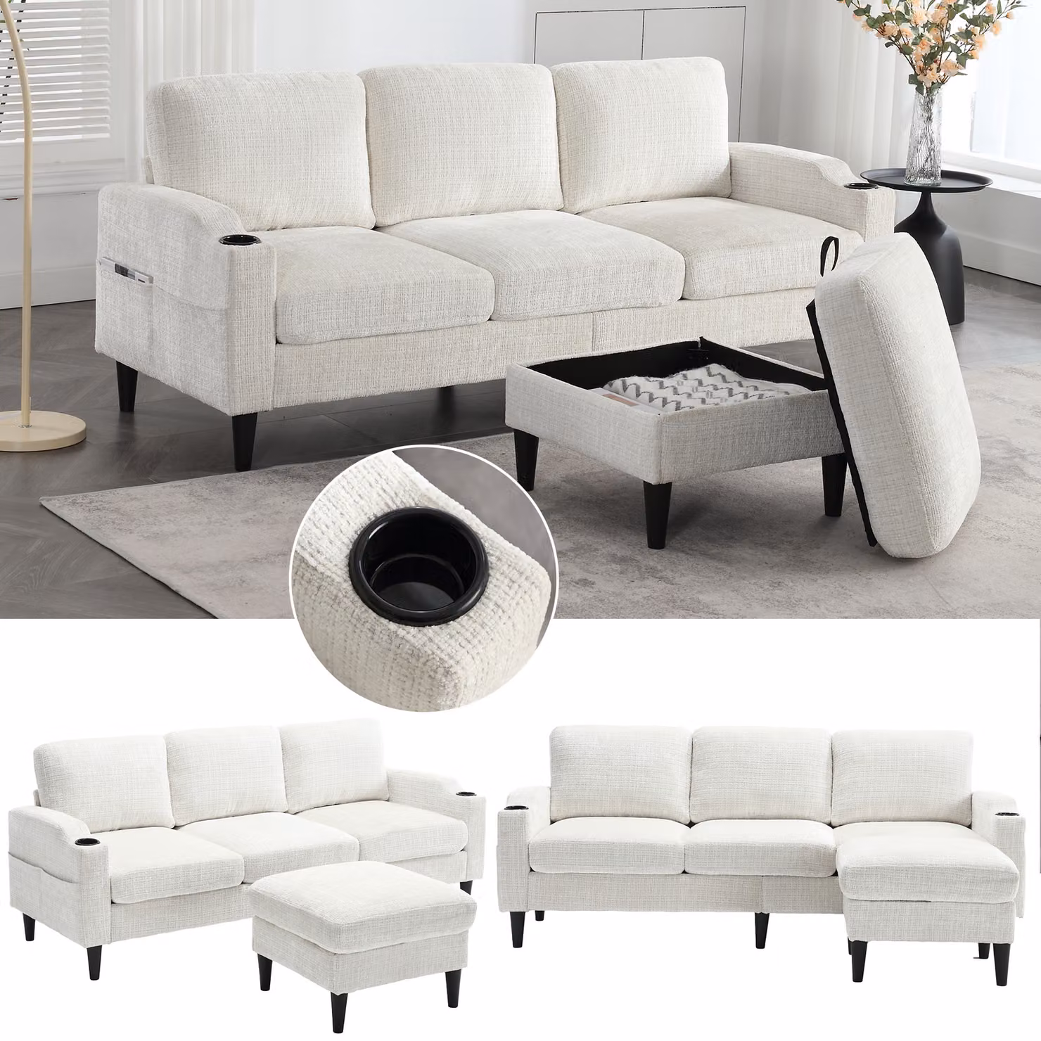 LVHOM Divano a 3 posti con poggiapiedi, 196,5 cm Divano componibile con porta bevande e tasche laterali, panca in ciniglia con vano portaoggetti, set di divani, beige
