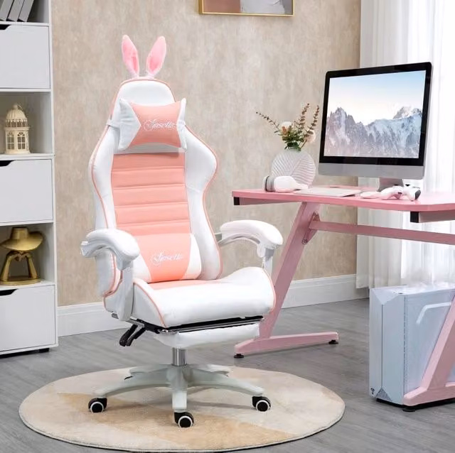 Sedia gaming ULEVR rosa con orecchie da coniglio, schienale reclinabile 135¡ã e poggiapiedi estraibile