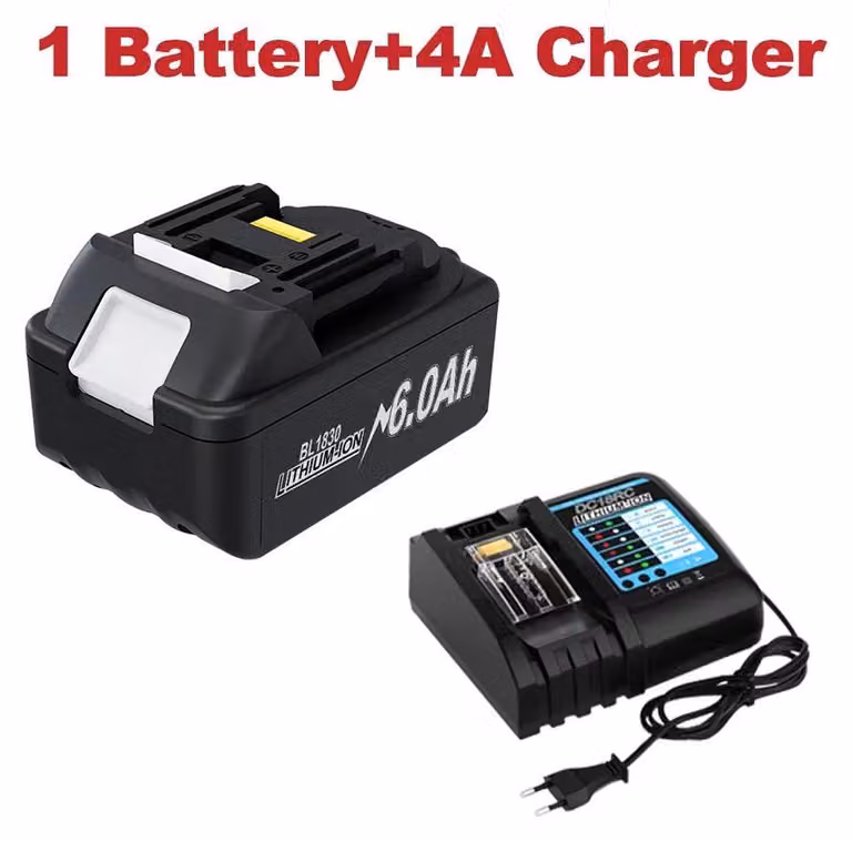 Batteria di ricambio per utensili Makita da 18V - compatibile con i modelli BL1830/BL1815/BL1840/BL1860. Batteria agli ioni di litio con capacità di 6,0Ah. Include un caricabatterie rapido da 4A e 1 batteria