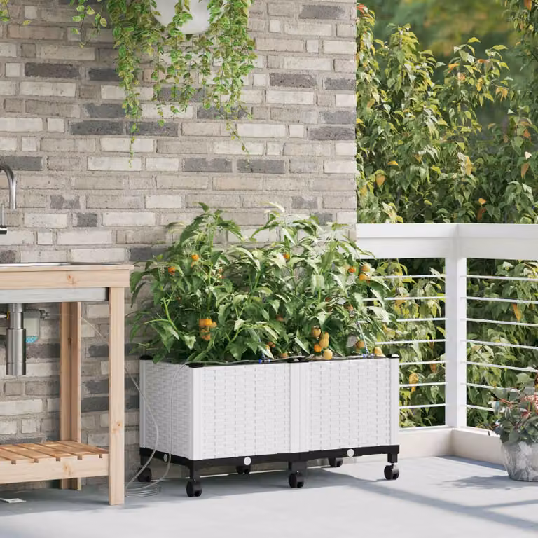 Set di 2 vasi da giardino con irrigazione e ruote vidaXL, colore bianco, in plastica