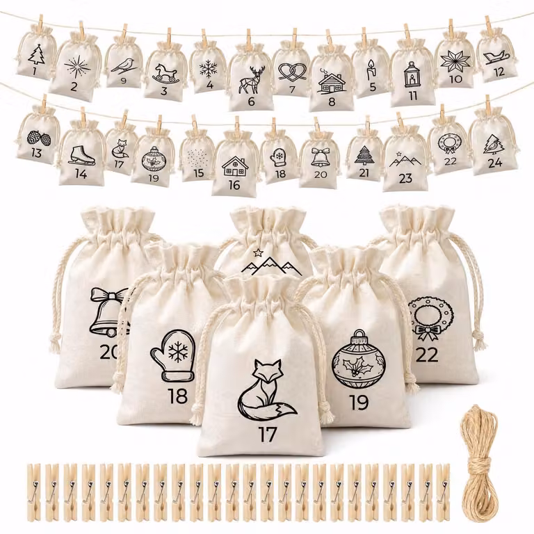 Calendario dell'Avvento da riempire: 24 sacchetti in tessuto naturale, in cotone e lino, disponibili in 3 dimensioni: 15x20 cm, 13x18 cm e 10x15 cm. Riutilizzabili, ideali per progetti fai-da-te, adatti a bambini e adulti