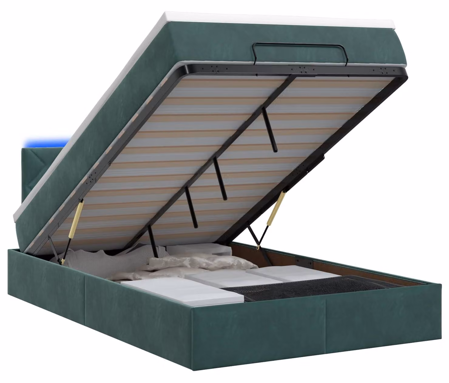 Panca-letto con materasso e illuminazione LED, colore verde scuro, dimensioni 120 x 190 cm, rivestita in velluto