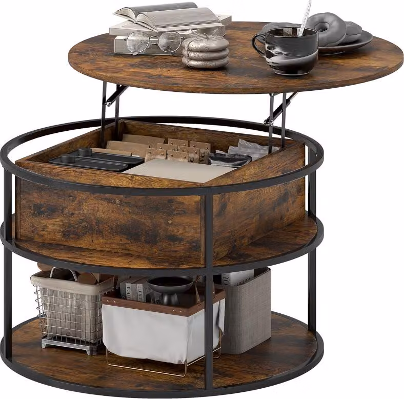 Tavolino rotondo regolabile in altezza, Ø 80 cm. Tavolino da salotto con ripiano e vano portaoggetti nascosto. Tavolino da caffè o tavolino da salotto, marrone