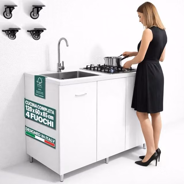 Cucina Completa 120x60 cm Bianco con Piano Cottura 4 Fuochi Lavello Rubinetteria