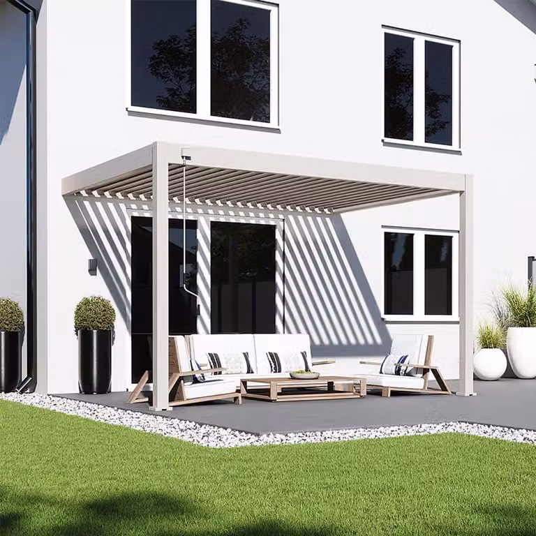 Pergola da parete Weide Deluxe interamente in alluminio 3x4 m con tetto a lamelle color Ivory Sand
