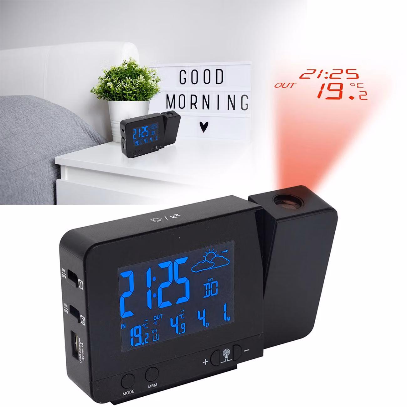 Sveglia proiettore con stazione meteorologica wireless, porta USB, sensore esterno, colore nero, display dell'ora, calendario, indicatore di temperatura interno ed esterno