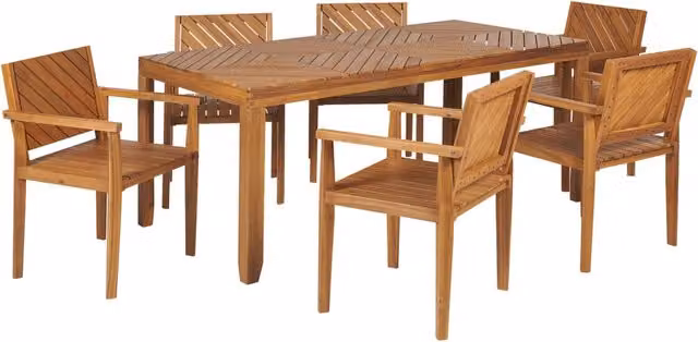 Set da pranzo da giardino Beliani in legno di acacia marrone con 6 sedie, stile classico, L: 180 cm x P: 90 cm x H: 74 cm
