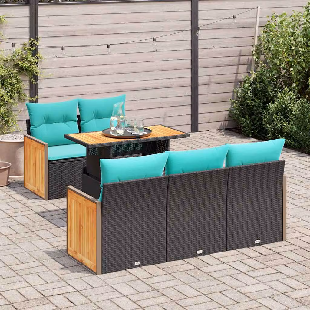 Set da giardino vidaXL in polyrattan e legno di acacia nero con 6 pezzi e cuscini inclusi