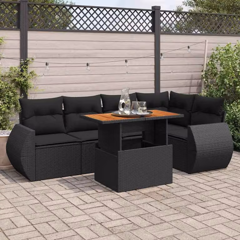 Set Divano da Giardino vidaXL 6 pz in Polyrattan Nero con Cuscini e Tavolino da Esterno a Forma di L