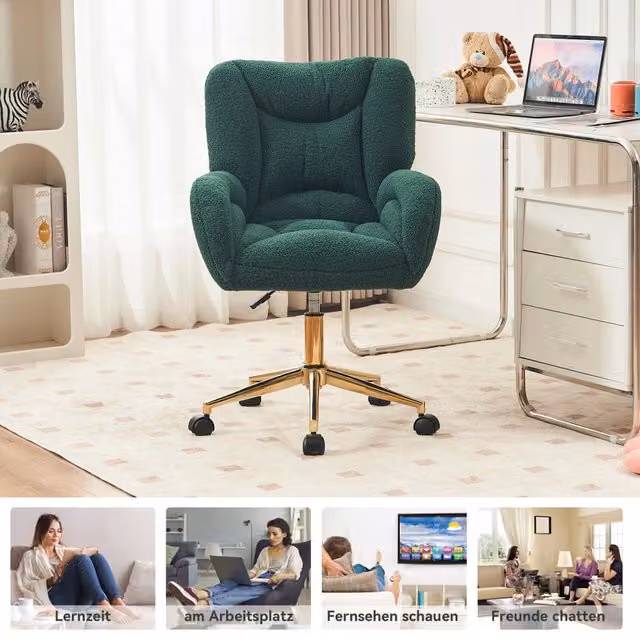 Sedia da ufficio ergonomica OKWISH girevole a 360 gradi in tessuto bouclé verde con dettagli oro e base in metallo L/P/H: 64 x 62 x 92,5 cm – 1