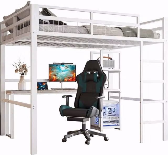 Letto a castello REDOM in metallo bianco con scrivania, ripiani e porta USB Type-C, L/P: 140 x 200 cm – 1