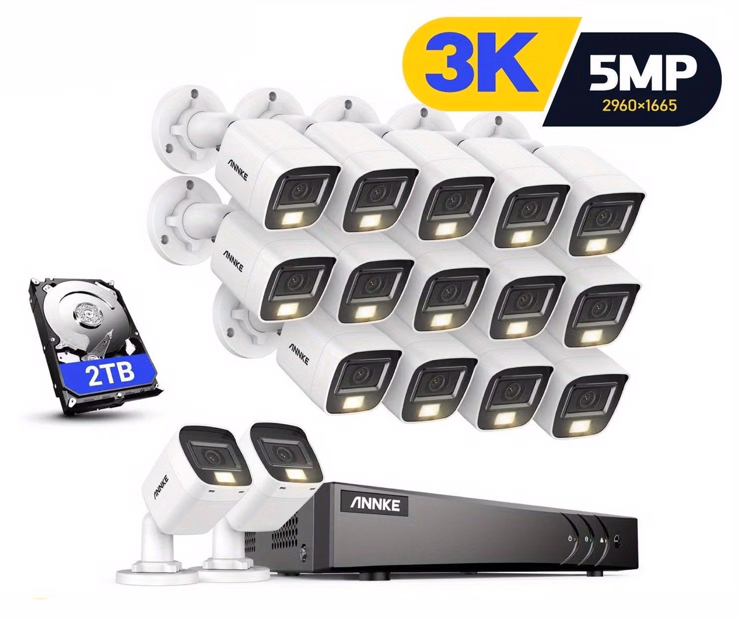 Kit di telecamere di sicurezza CCTV da 5MP con hard disk da 2TB, rilevamento del movimento tramite intelligenza artificiale e visione notturna