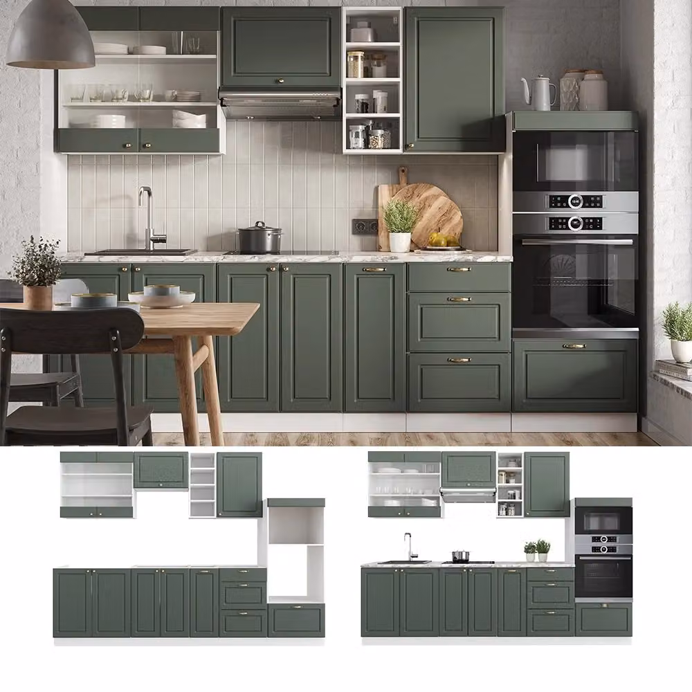 Cucina componibile Fame-Line Vicco in stile country house, colore verde-oro rustico e bianco, larghezza: 280 cm (senza piano di lavoro) – 2