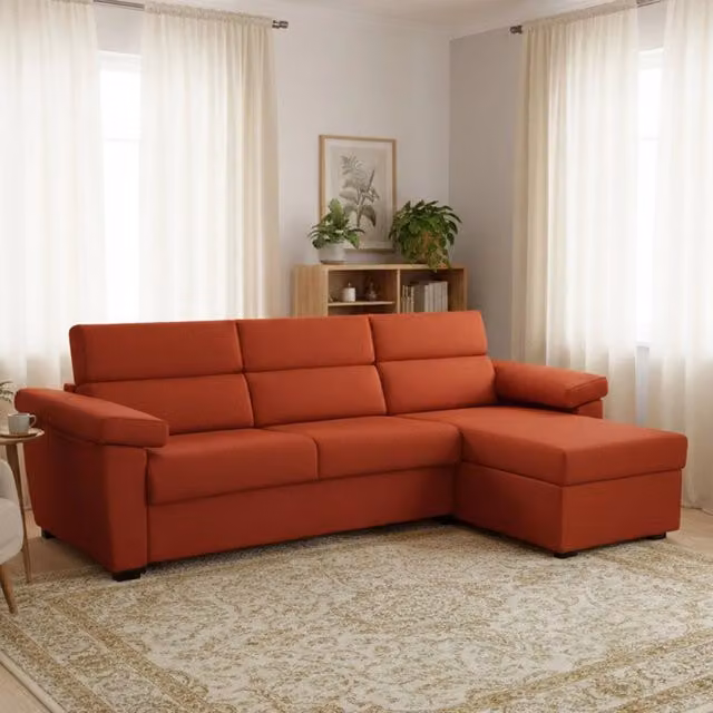 Divano Letto Tolle DMORA con Penisola Sfoderabile, Forma a L, Arancione, L 285 cm x P 160 cm
