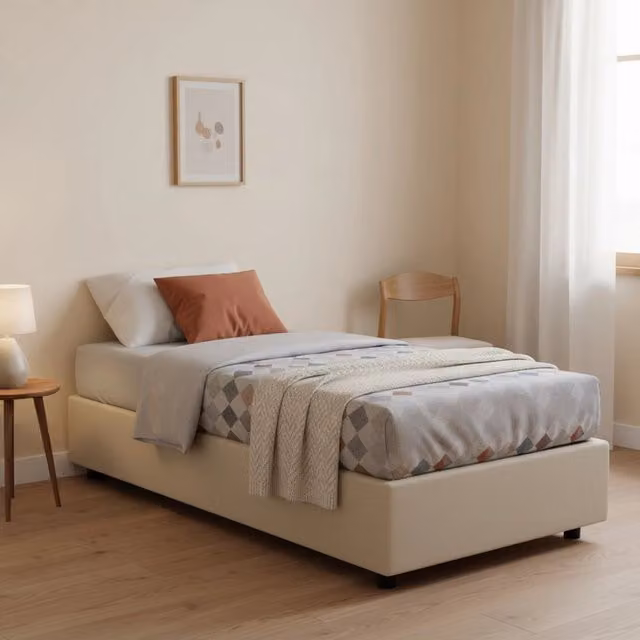 Letto singolo contenitore Avova Talamo Italia con materasso incluso, rivestimento in tessuto beige, L/P: 80 x 200 cm – 1