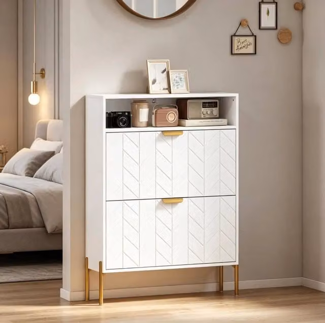 Scarpiera 80x23,7x110 cm bianca in MDF, 2 ante a ribalta e vano aperto