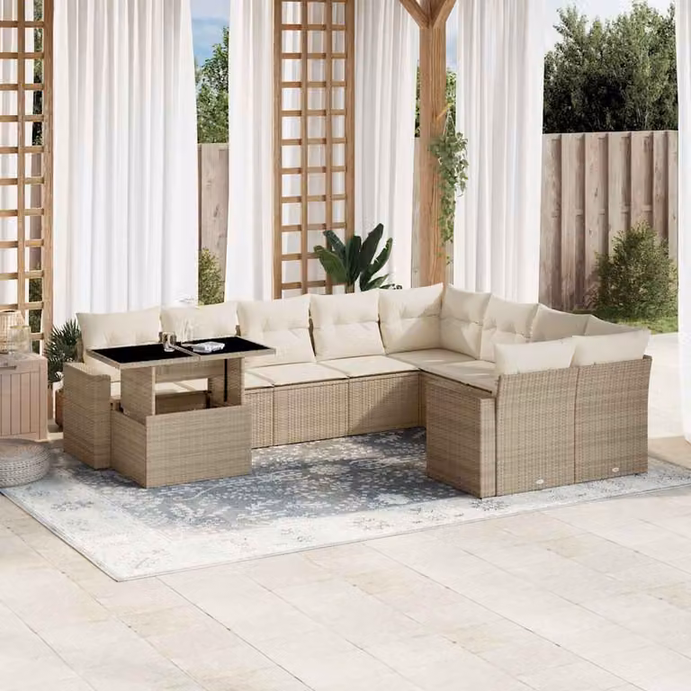 vidaXL Set Divano da Giardino 10 pz a Forma di L con Cuscini Beige e Tavolino in Polyrattan e Metallo