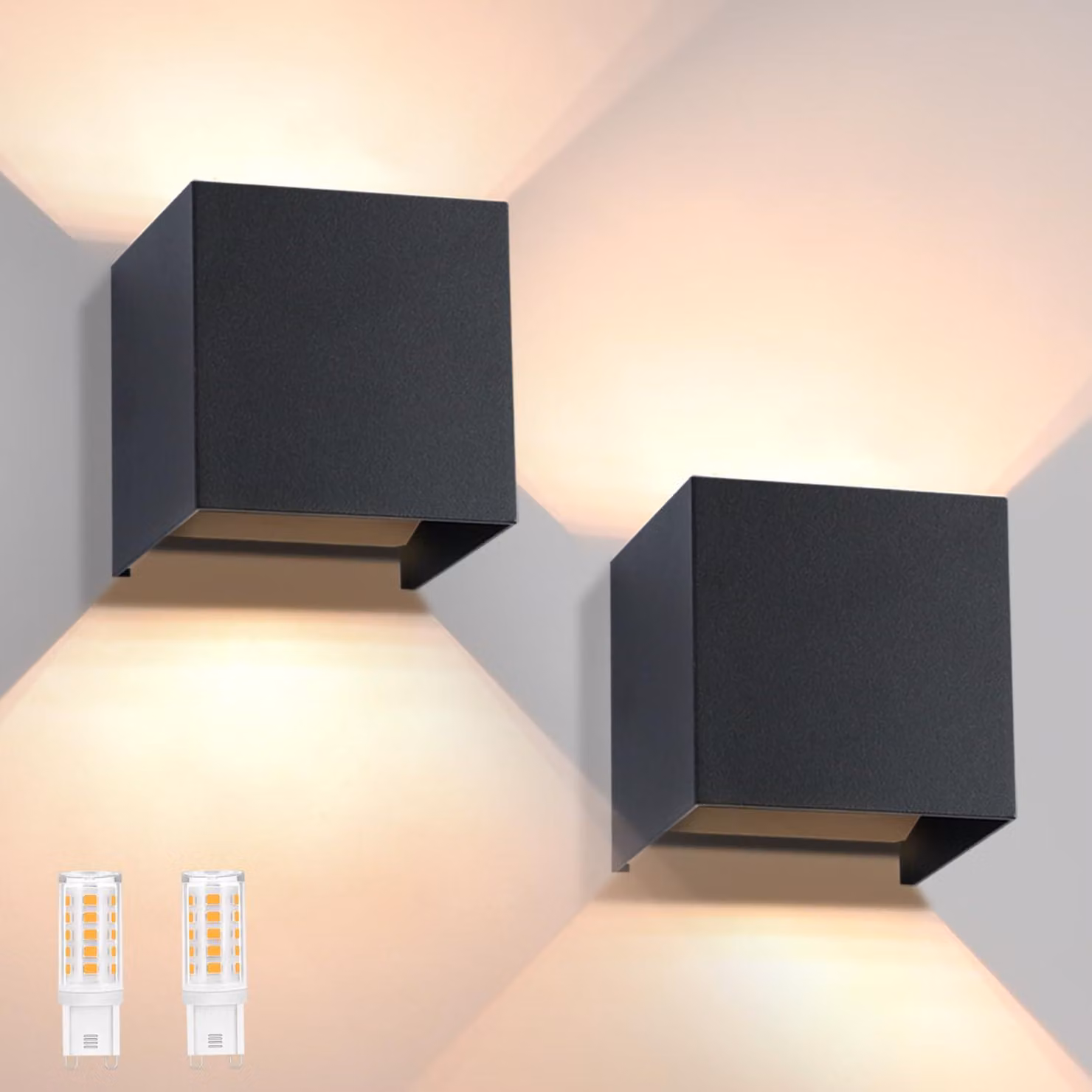 Lampada a parete LED, set da 2, luce direzionale verso l'alto e verso il basso, attacco G9, luce bianco caldo, grado di protezione IP65, colore nero