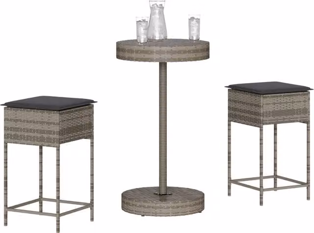 Set Bar da Giardino 3 Pezzi vidaXL in Polyrattan Grigio con Cuscini