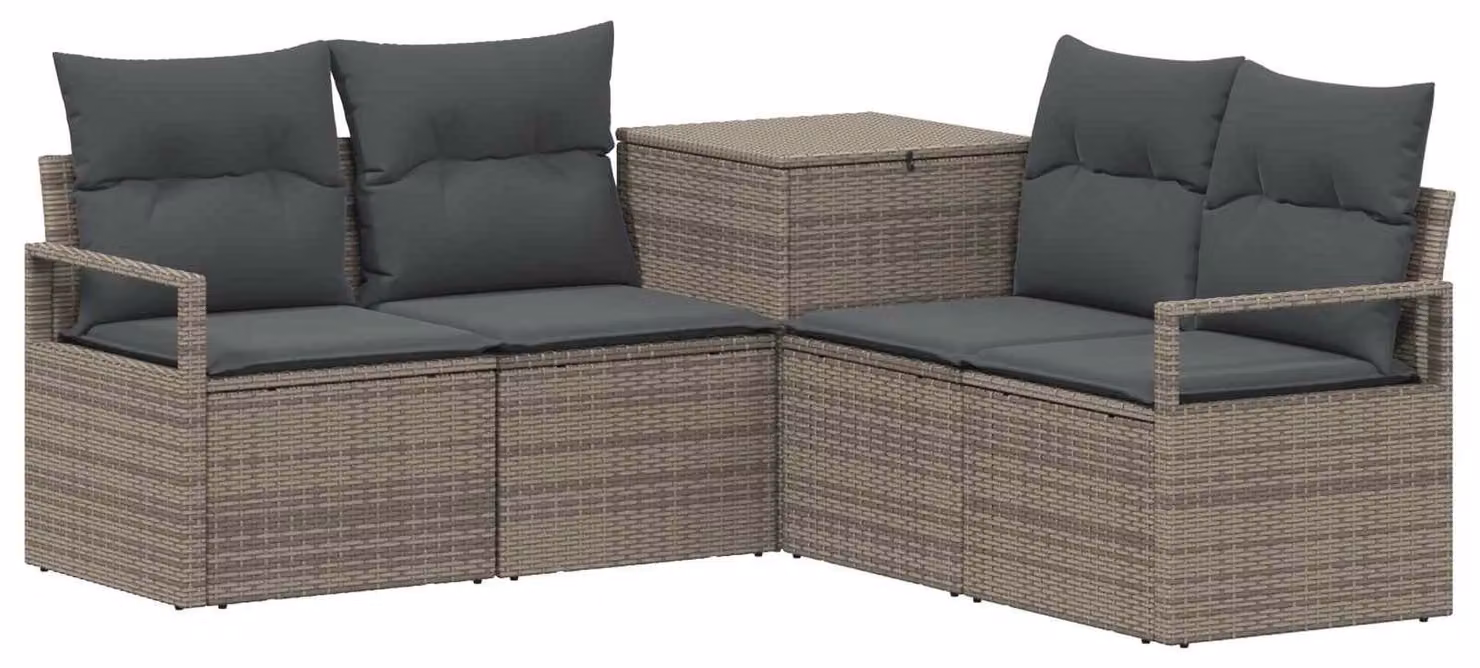 Set di divani da esterno, 5 pezzi. Colore: grigio e grigio scuro. Materiali: rattan sintetico e acciaio