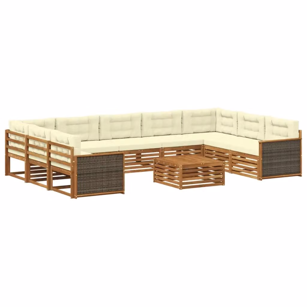 Set di divani da esterno a forma di U vidaXL in legno di acacia con cuscini beige e bianchi – 2