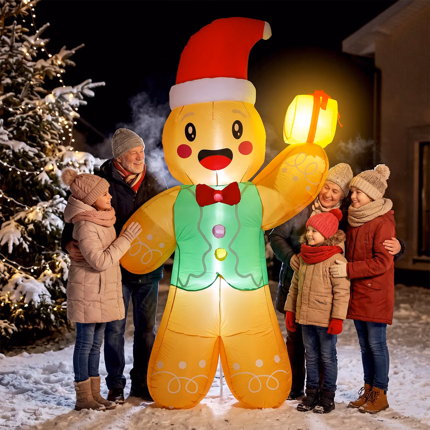 Decorazione Natalizia Gonfiabile Outsunny Omino Pan di Zenzero Multicolore e Marrone con Luci LED e Soffiatore, Altezza: 2,5 m – 2