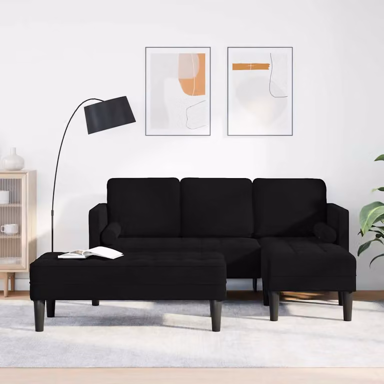 Set di divani moderno a L con pouf vidaXL in tessuto nero