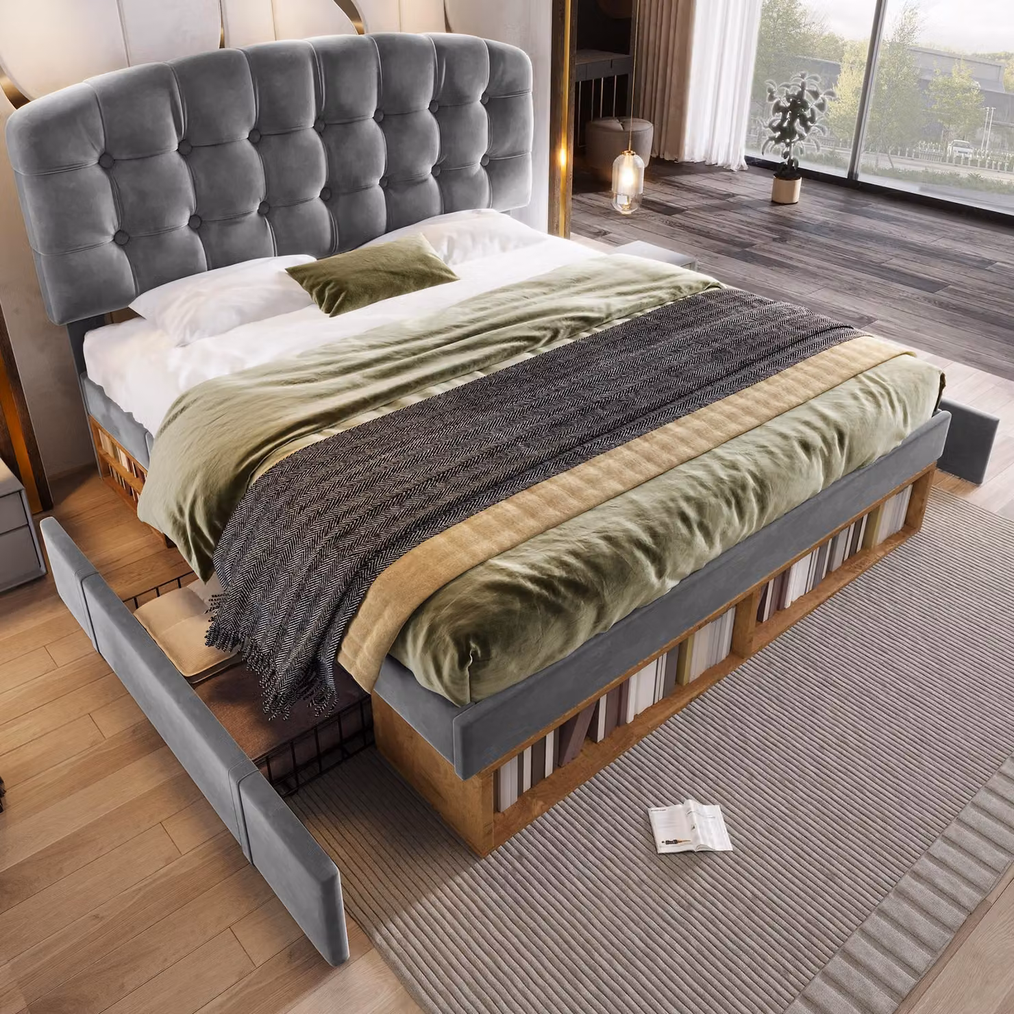 Letto matrimoniale 140x200, imbottito in velluto grigio, con rete a doghe. Struttura del letto con testiera curva e regolabile in altezza. Letto con cassetti e spazio contenitivo