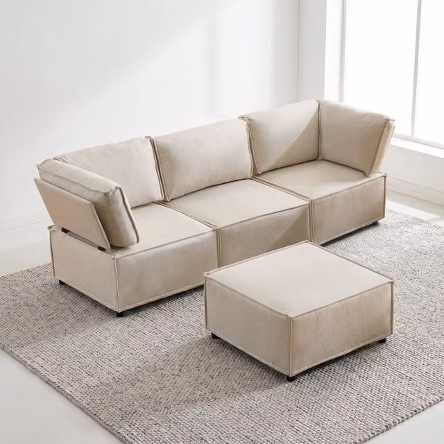 Divano panoramico modulare a U Mivray in tessuto beige con struttura in legno e imbottitura mista