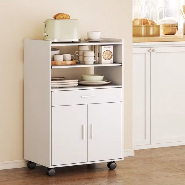 Mobile per microonde con ruote; ripiani e cassetto in MDF bianco