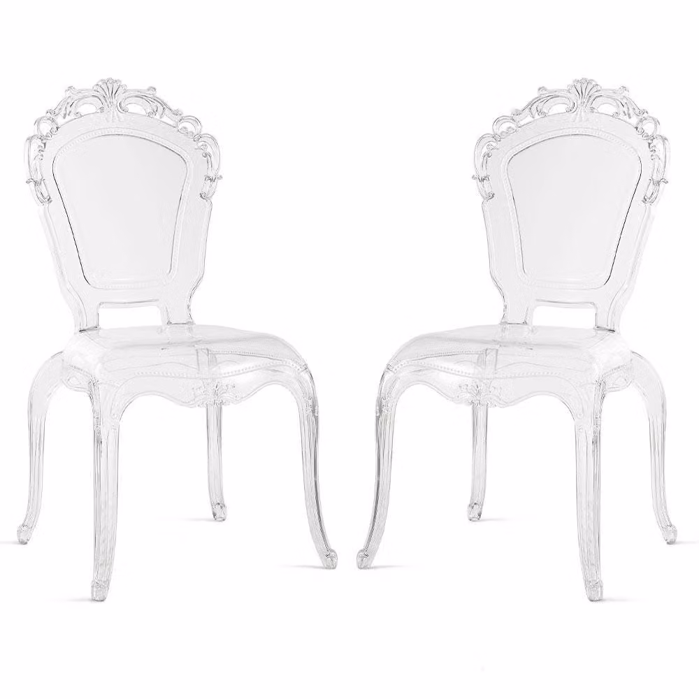 Set di 2 sedie impilabili in policarbonato trasparente, in stile barocco moderno, con piedini antiscivolo, adatte per interni, aree esterne coperte,da pranzo e ristoranti. Modello Maya/Trasparente