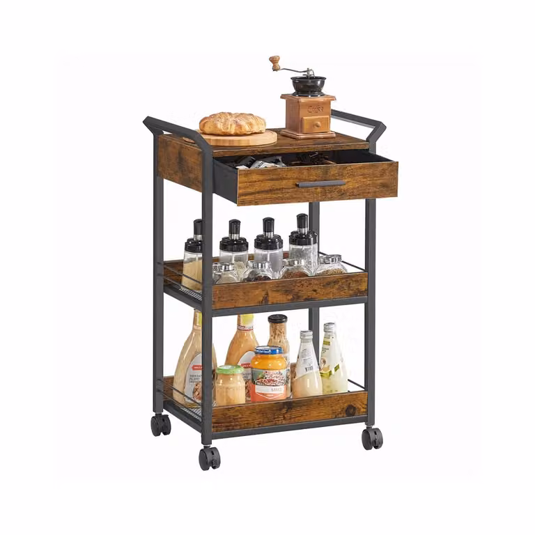 Carrello Portaoggetti a 3 Livelli con Ruote, Marrone Vintage + Nero Inchiostro