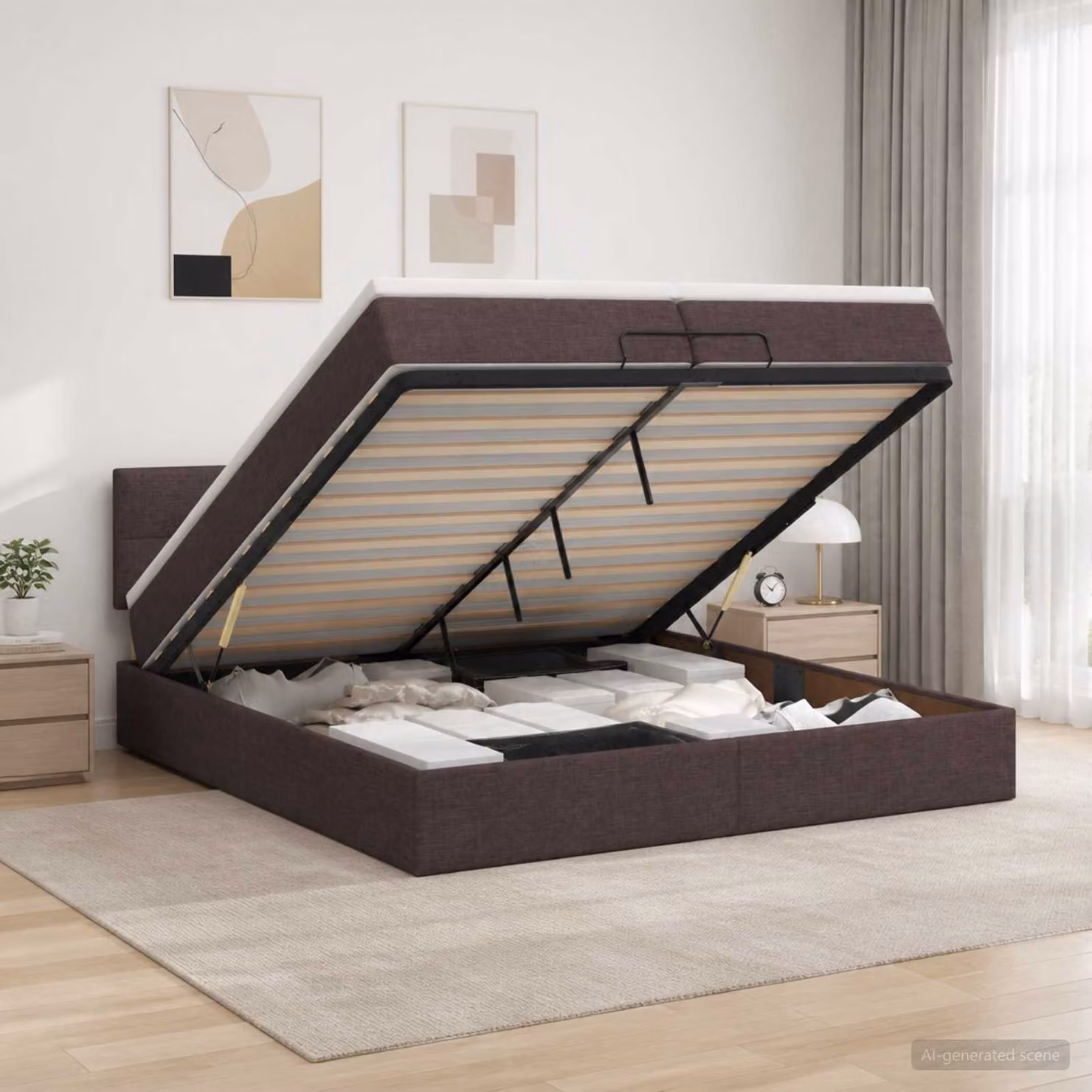 vidaXL Letto Ottomano Moderno con Materasso Ibrido e Illuminazione LED sotto il letto, Marrone e Bianco, L/P/H: 200 x 200 x 88 cm