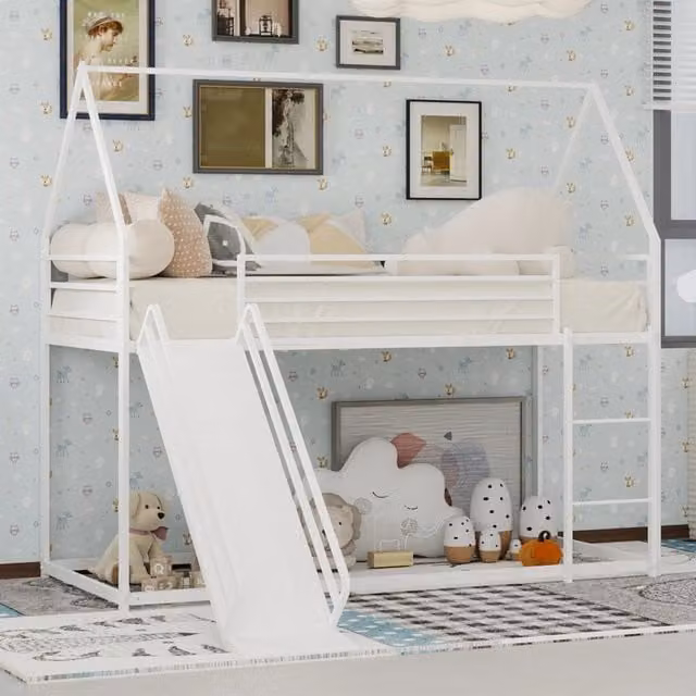 Letto a castello per bambini 90 × 190 cm con scivolo, scala e sponde di sicurezza, senza materasso, in ferro, bianco
