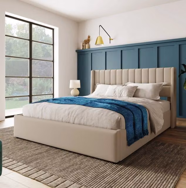Letto contenitore imbottito 140x200 cm sollevabile in legno beige (Senza materasso)