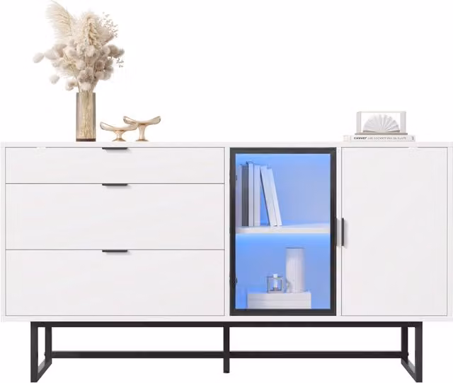 Credenza moderna con 3 cassetti e vetrina con illuminazione LED per soggiorno e sala da pranzo, finitura opaca, L: 160 cm, P: 36 cm, H: 78 cm – 1