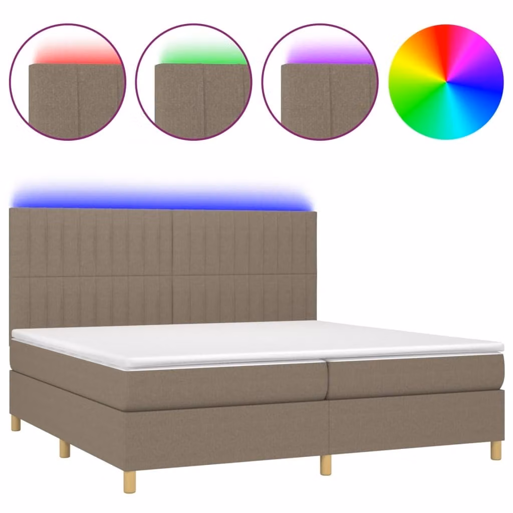 Letto a Molle Materasso e LED tortora 200x200cm in Tessuto