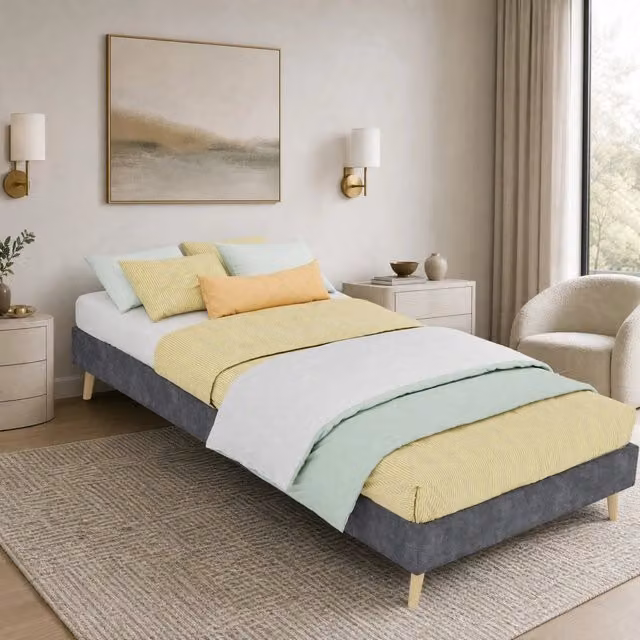 Letto singolo 90x200 cm grigio in tessuto e metallo, base bassa moderna, senza materasso