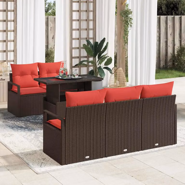 Set Divano da Giardino vidaXL 6 Pezzi in Rattan Marrone con Cuscini e Tavolino da Esterno