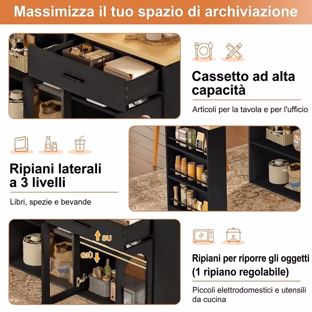 Isola cucina Vovees Living con tavolo girevole 360 e ante in vetro, finitura nero e legno naturale, L 136 cm – 2