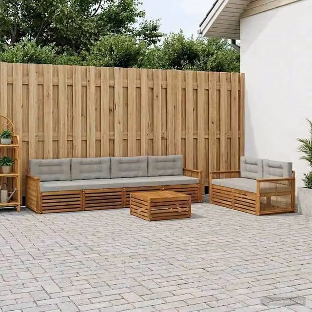 Set di mobili da esterno vidaXL composto da 7 pezzi con divano a 3 posti, tavolino da caffè e cuscini in tessuto beige e grigio con struttura in legno di acacia naturale