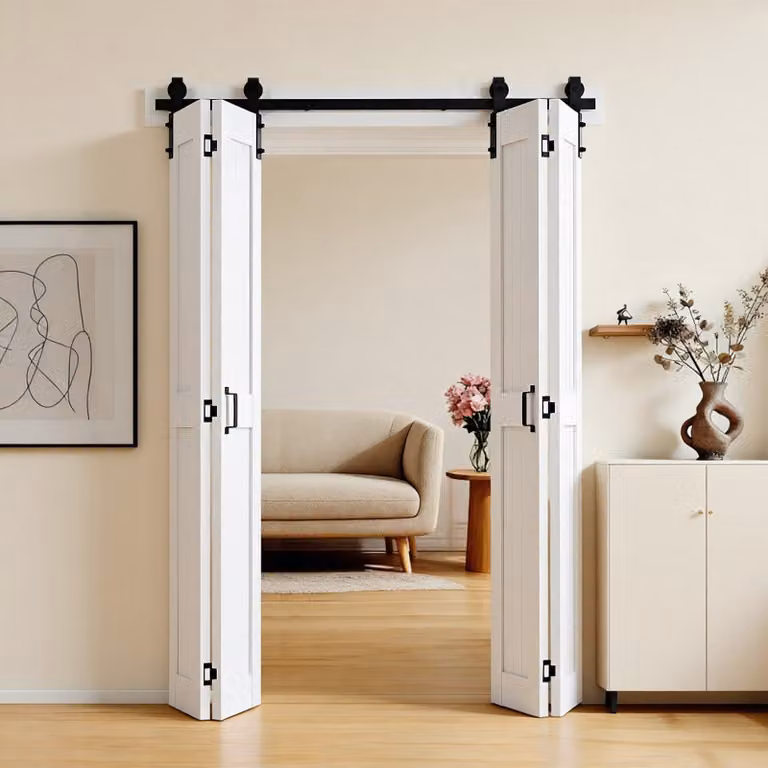 Porta scorrevole - Porta a soffietto in stile porta da fienile - 152,4 x 213,4 cm - MDF - Con set di ferramenta - Design salvaspazio con telaio a H - Pannelli preassemblati - Per camera da letto e soggiorno - Bianco