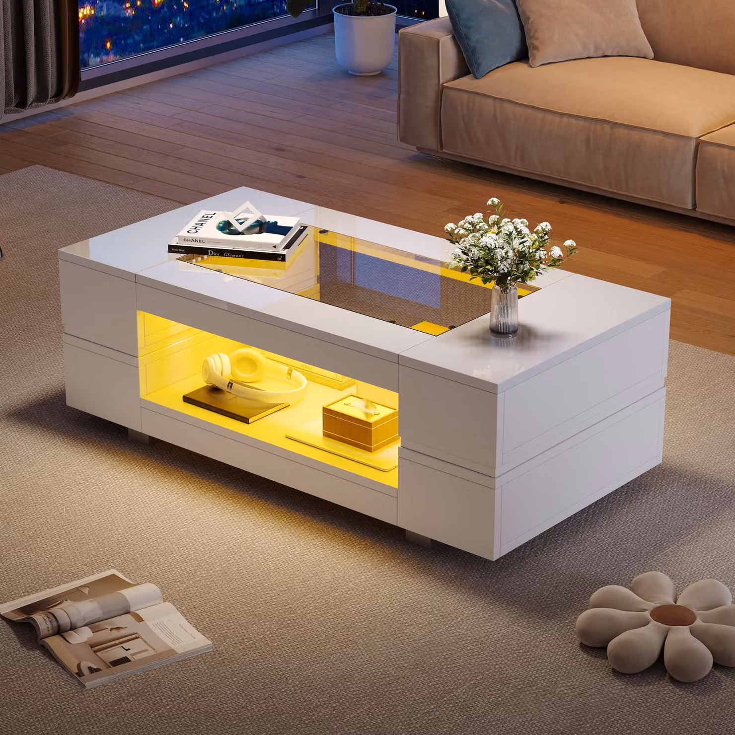 Tavolino STILVORA Tavolino da salotto Tavolino a LED con controllo tramite app Bluetooth, con design a doppio strato lucido cavo, bianco