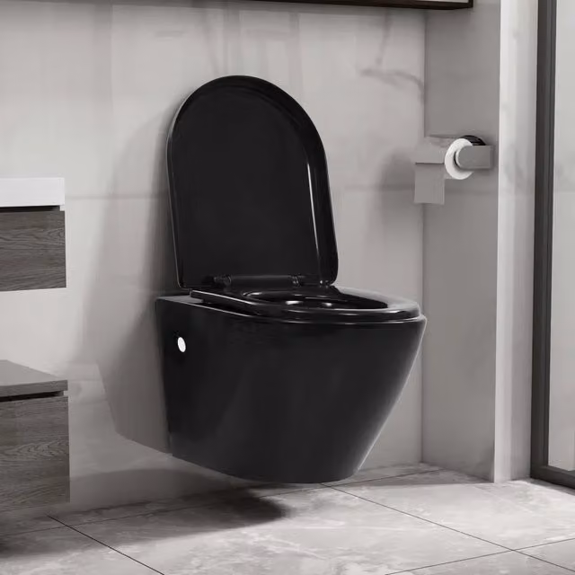 WC sospeso vidaXL in ceramica nera con sistema rimless, chiusura soft-close e fissaggio a scomparsa