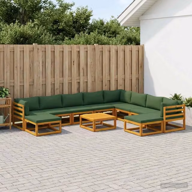 Set di divani da giardino vidaXL in legno di acacia massello con cuscini, colore marrone e verde, composto da 11 pezzi con elemento angolare, pouf e tavolino da esterno