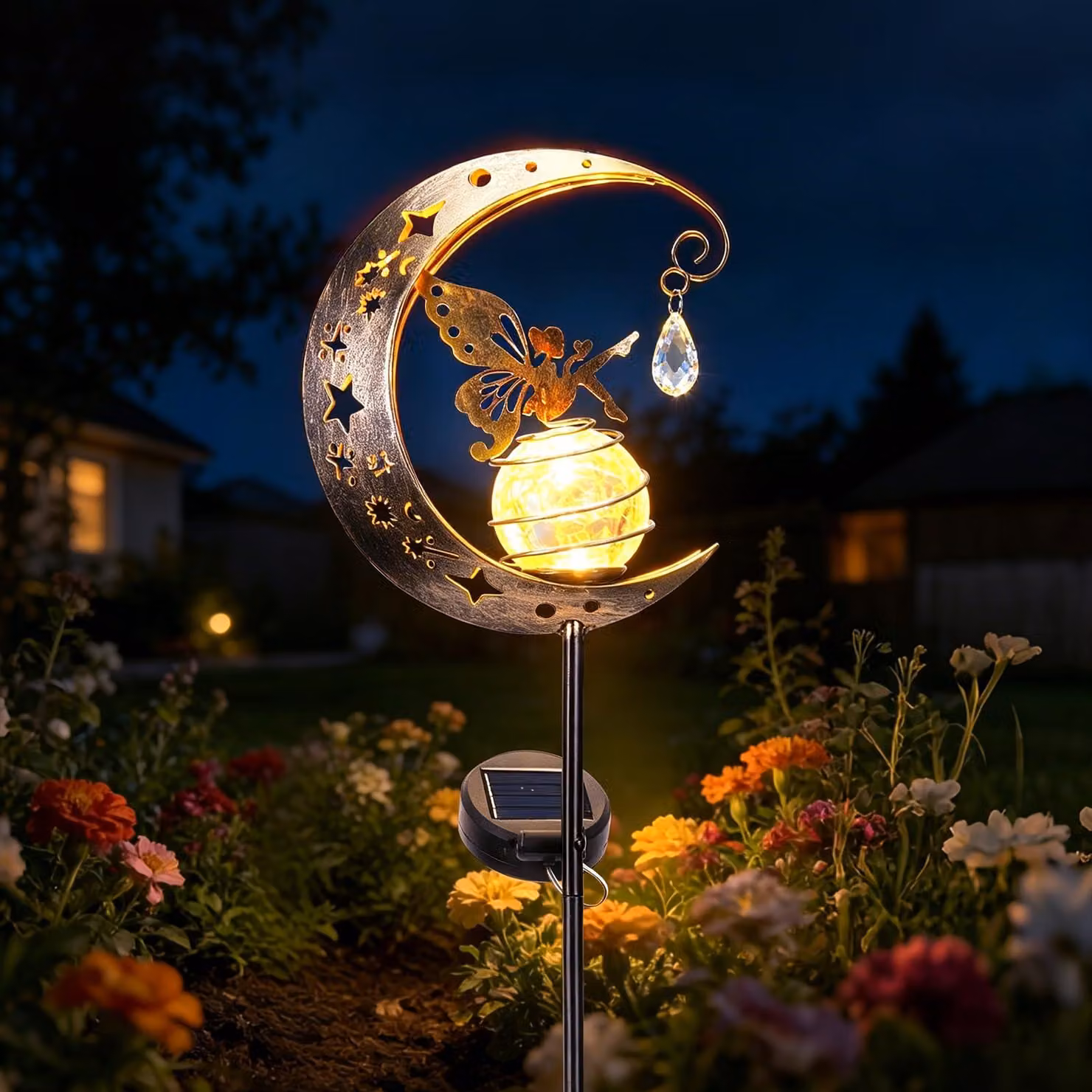 Lampada da giardino solare, design a forma di fata, metallo, 84 cm, impermeabile, luce bianco caldo