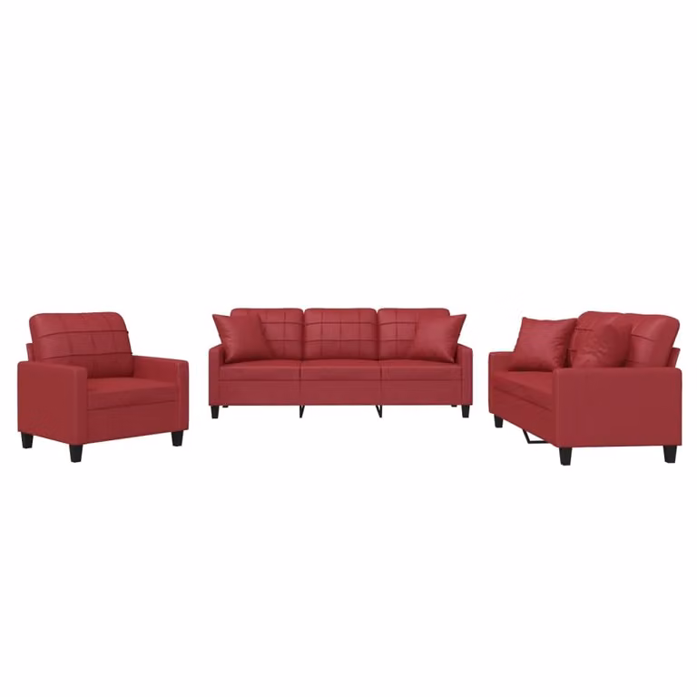 Set di Divani 3 pz con Cuscini Rosso Vino in Pelle finta