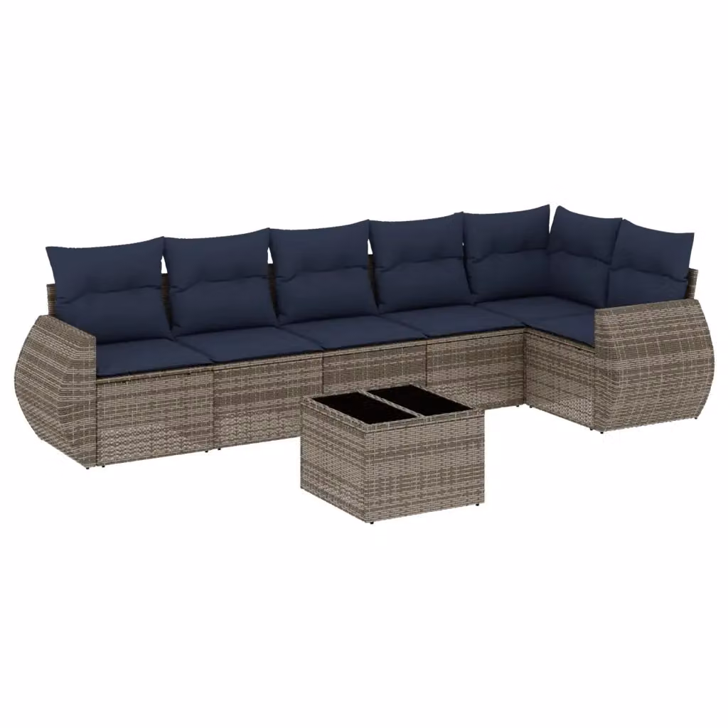 Set da giardino moderno vidaXL composto da 7 pezzi in rattan con cuscini grigi e blu e struttura in metallo – 2