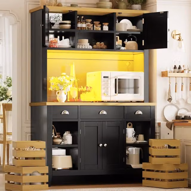 Mobile colonna da cucina con LED RGB; ripiani regolabili e 4 cestini estraibili in MDF nero 120 × 40 × 188 cm