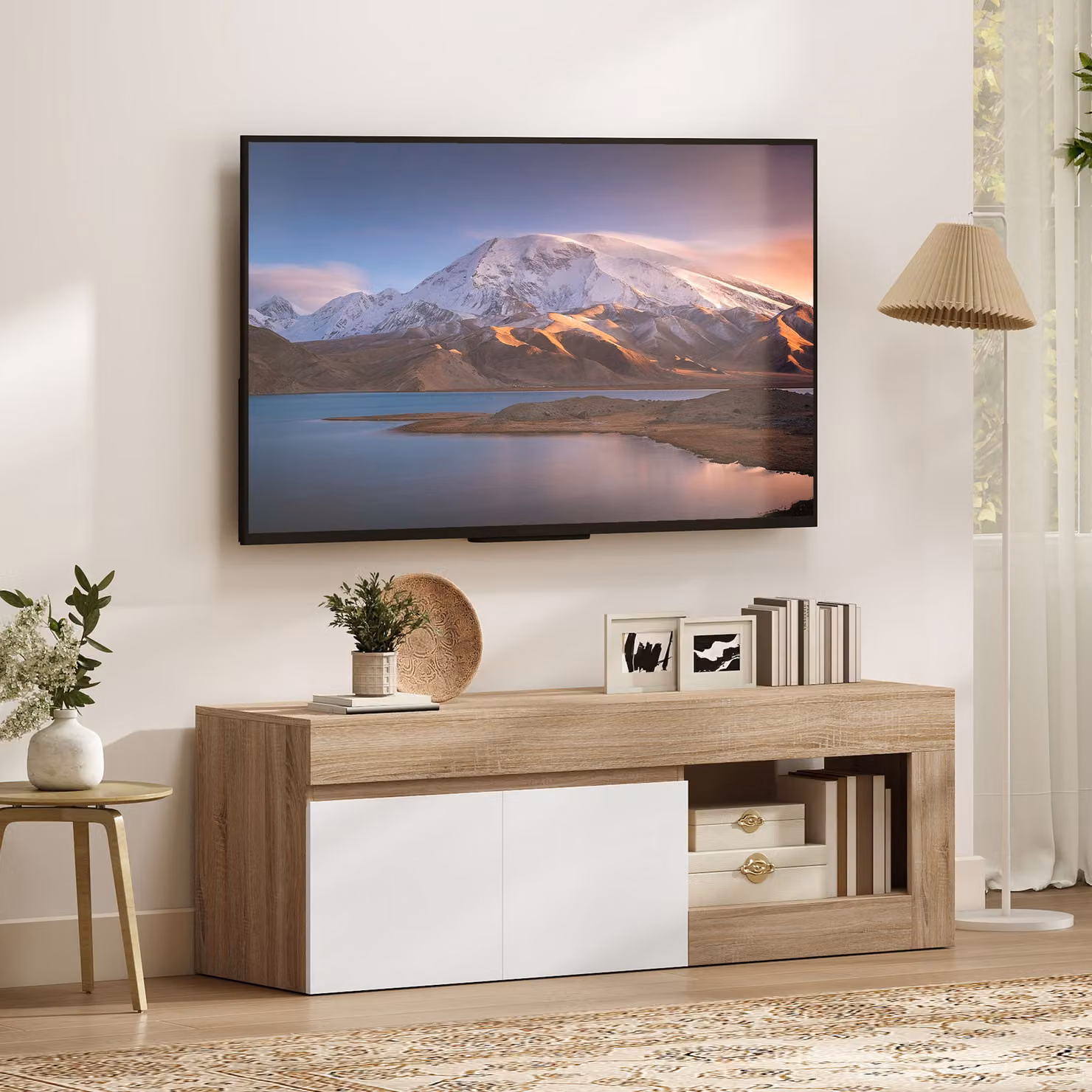 Mobile TV Moderno HOMCOM per schermi fino a 60 pollici con Armadietto a 2 Ante e Ripiano Aperto, Bianco e Legno, L 140 cm x P 40 cm x H 48 cm – 2